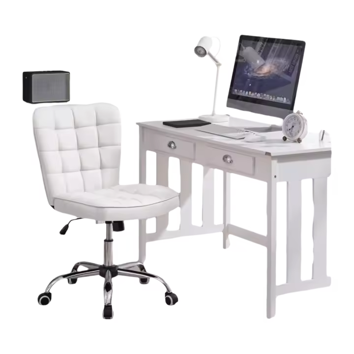 Silla de Oficina sin Reposabrazo Silla Oficina Tapizada de Cuero PU Silla con Ruedas Silla Ergonómica Base Metal Blanca - 1