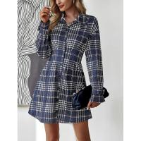 Vestido camisero de manga larga para mujer, elegante a cuadros, elástico de una pieza, moda coreana, informal, para fiesta - details 3