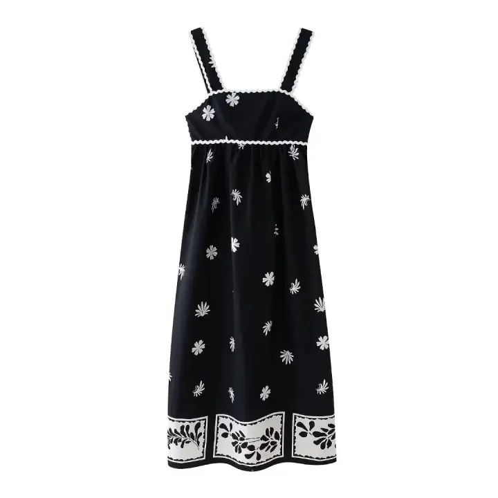 Elegante Vestido Midi TRAFZA Moda de Verano con Espalda Desnuda, Cuello Cuadrado, Correas y Estampado - 1