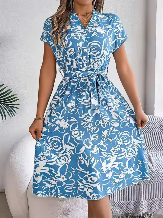 Msfilia Vestido de verano con cuello en V y cinturón plisado con estampado de moda para mujer - 1