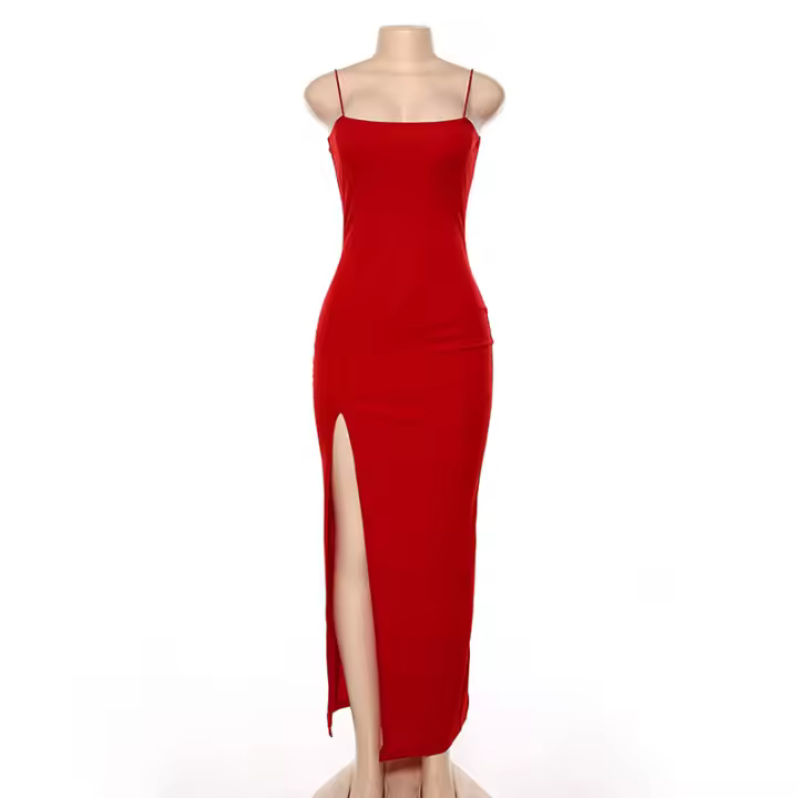 BUNO-rojo negro Año nuevo fiesta de Navidad vestidos largos mujeres primavera básico ceñido al cuerpo con cordones estiramiento vestidos midi ajustados femme - 1