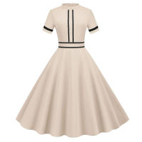 Solid women summer elegant short sleeve stand collar vintage a-line midi long party dress - details 34
