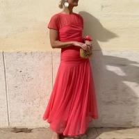 Elegante Vestido de Fiesta de Moda Manga Corta, Cuello O, Vestido Largo con Pliegues y Parches de Malla Ropa de Comodidad Casual para Mujeres - details 2
