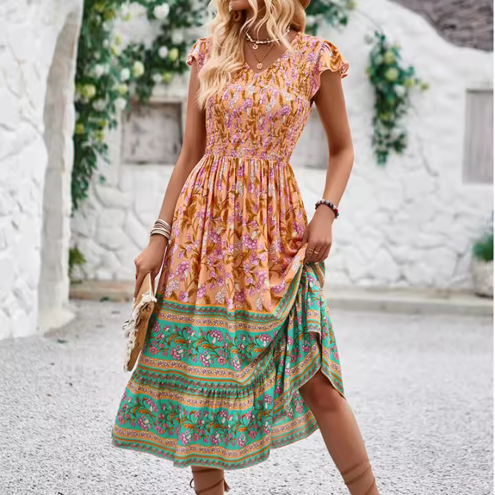 Vestido de verano con estampado bohemio, estilo de vacaciones, cuello en V, manga acampanada, moda para mujer - 1