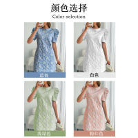 Vestido de verano nuevo para mujer con mangas abullonadas, textura jacquard y cuello redondo. - details 7