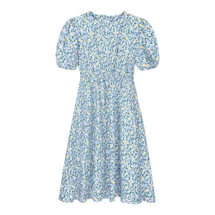 Vestido corpiño con mangas florales frescas para mujer, vestido largo romántico de estilo francés con temperamento suave, tejido de poliéster estampado - 1