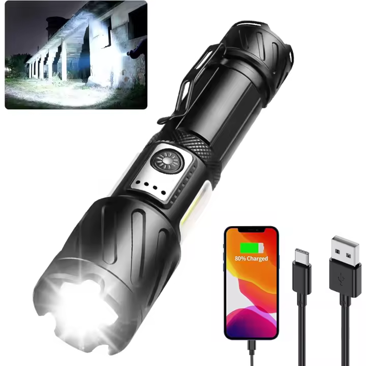 Linterna recargable de 15000 lúmenes de alto brillo, linterna táctica, 6 modos 2COB con luz, ajustable con zoom - 1