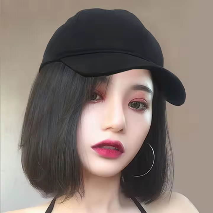 Accesorios para el cabello sintético para mujer, peluca de sombrero blanco y negro, pelo de clavícula, gorra de béisbol, peluca de pelo Bob, pelo corto y liso - 1