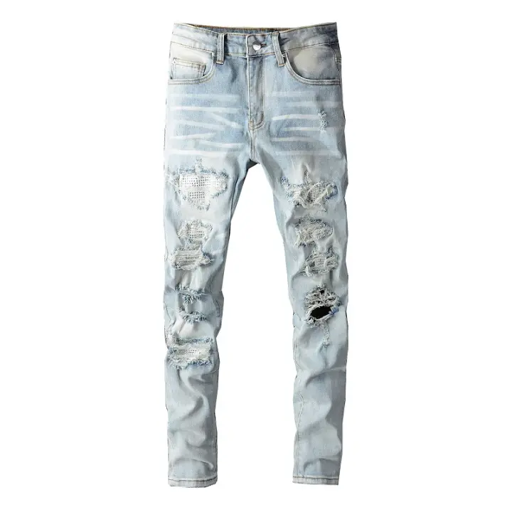 Pantalones vaqueros rasgados con agujeros de cristal para hombre, ropa de calle azul claro, pantalones pitillo ajustados - 1