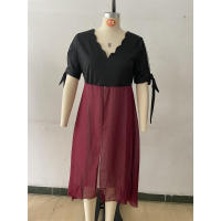 Primavera Verano nuevo vestido de manga media Irregular de dos piezas falso con cuello en V de talla grande para mujer - details 8