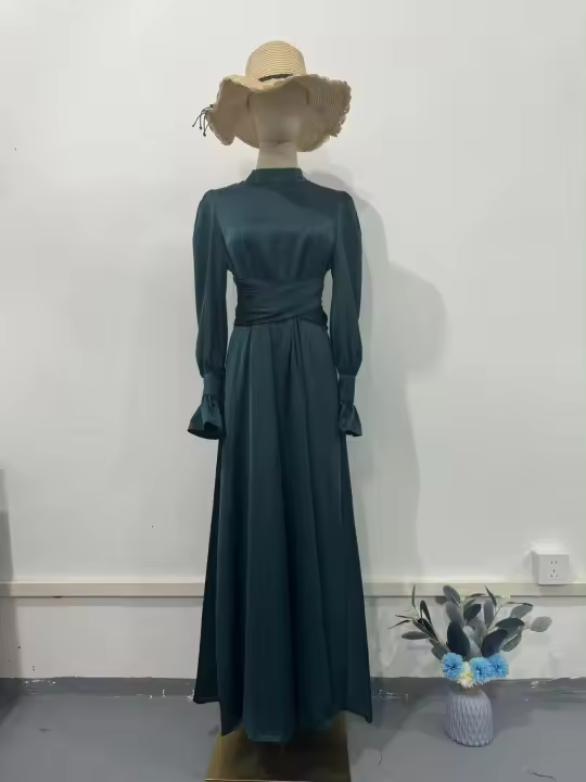 Cintura de moda europea y americana, vestido largo, mangas de burbuja, color sólido - 1