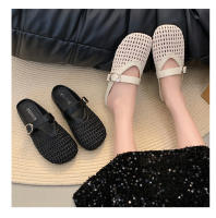 Verano nuevas zapatillas perezosas transpirables tejidas de un pedal zapatillas de cabeza de bolso de fondo plano cómodo de suela suave para mujer. - details 6