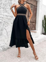 Vestido casual de verano sin mangas para mujer, sin espalda, bohemio, con abertura en la playa, negro - details 4