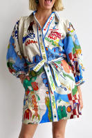 BUNO-Camisa estampada a la moda para mujer, vestido con cordones, primavera 20220, nuevo cárdigan informal holgado con botones y solapa, Vestidos cortos - details 1