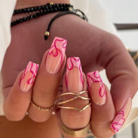 24pcs Uñas Postizas De Ballet Rosa Mediano Con Línea Roja Francesa Adhesivo De Gel Desmontable Y Reutilizable Juego Con Herramienta De Empujar Cutículas - details 0