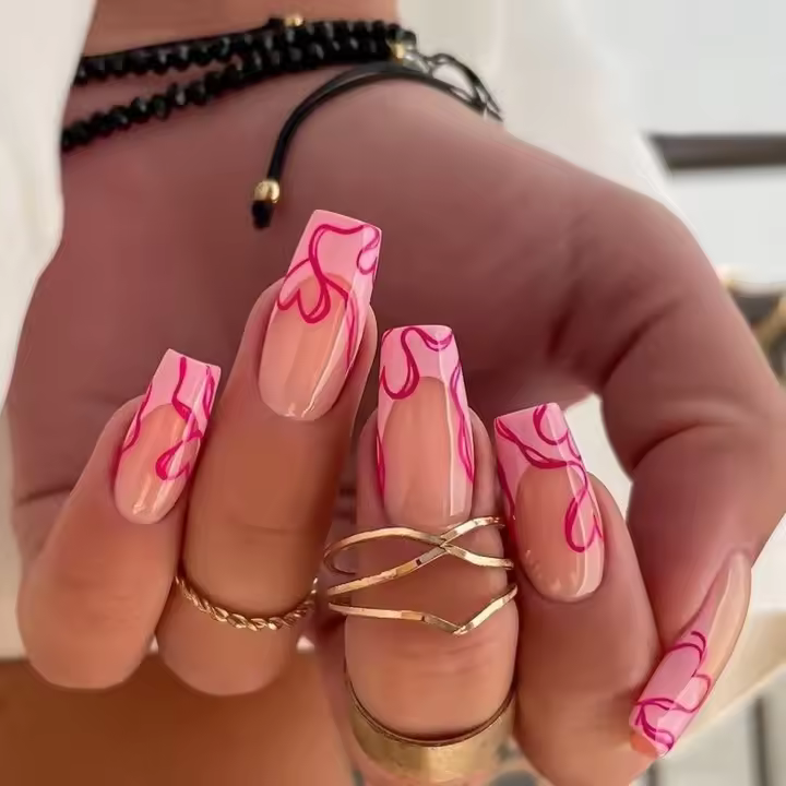 24pcs Uñas Postizas de Ballet Rosa Mediano Adhesivo Francés Desmontable y Reutilizable con Herramienta de Empuje de Cutículas - 1