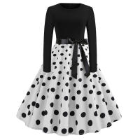 Women dot print party elegant vintage swing long sleeve dress - details 3