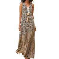 Vestido femenino informal de playa holgado con dobladillo ancho y cuello en V sin mangas estilo bohemio Vintage con estampado geométrico para mujer - details 7