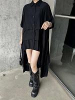 EAM mujeres negro capas espalda talla grande vestido camisero largo solapa nueva manga corta moda Primavera Verano 2025 1DH6073 - details 8