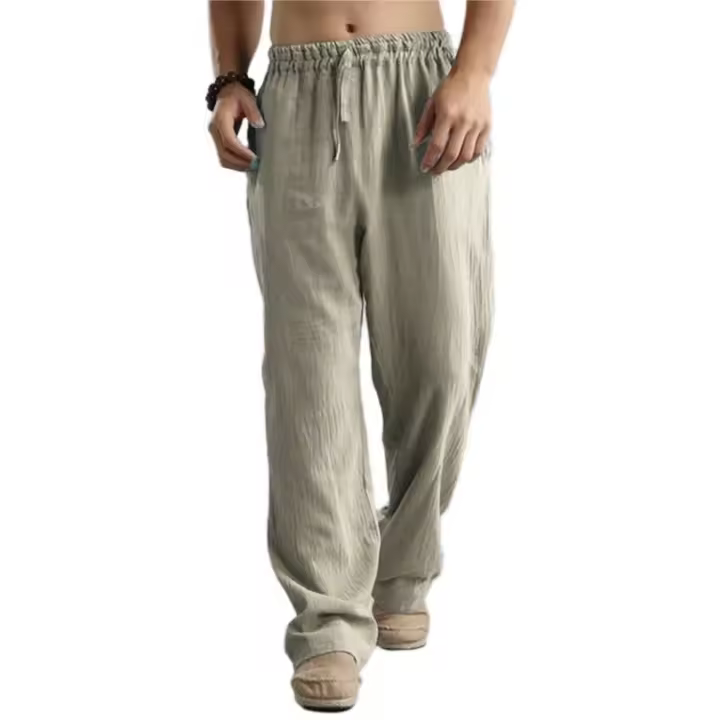 Pantalones largos de lino y algodón deportivos transpirables con cordón de cintura elástica informal holgados de talla grande para hombre - 1