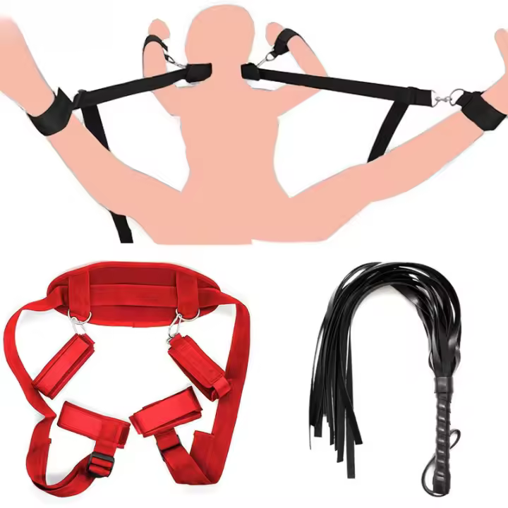 Kit de Bondage BDSM de pierna abierta de nailon, ataduras, esposas de tobillo suaves, látigo de cuero, 18 juegos para adultos, Juguetes sexuales eróticos para parejas, Sex Shop - 1