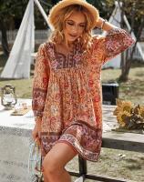 Vestido corto bohemio de manga larga para mujer 2025, vestido casual holgado con cuello en V - details 5