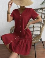 Vestido largo de algodón y lino para mujer, vestido de verano informal vintage con botones y cuello en V de manga corta suelta - details 4
