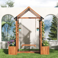 Jardinera, columpio de exterior, jardinera con enrejado como ayuda para trepar, con toldo de policarbonato para el sol. Jardinera con caja de flores, de madera maciza marrón, adecuada para jardín, patio y terraza. - details 0