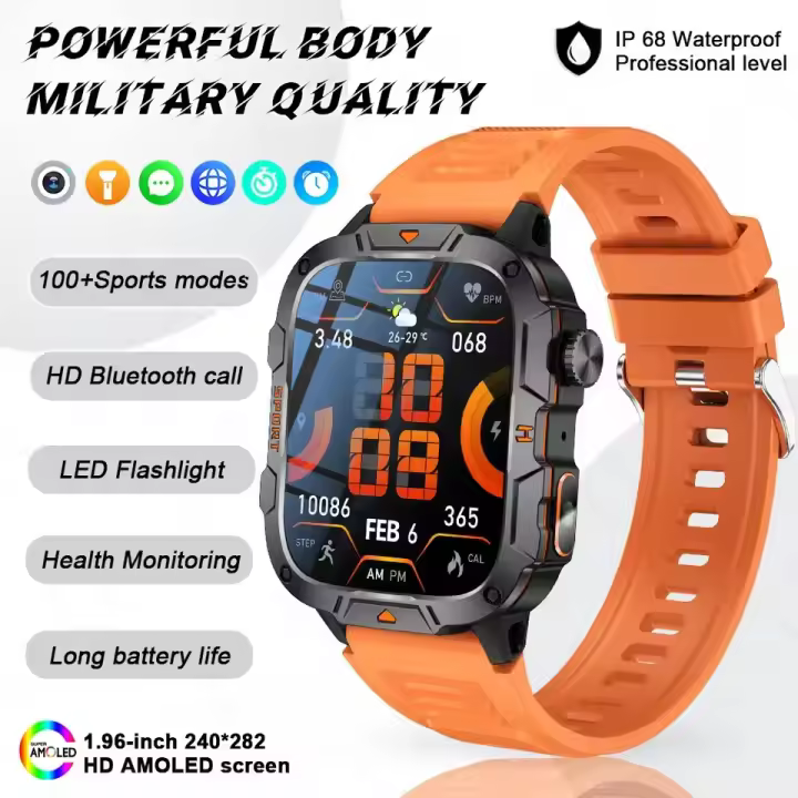 Batería inteligente para exteriores de 2025 mAh, linterna impermeable IP68, pantalla HD de 1,96 pulgadas, llamada Bluetooth, reloj deportivo para hombre, 420 - 1
