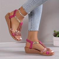 Women Wedge Sandals Rhinestone Braided Band Elastic Strap Slip On Shoes Versatile Outdoor Beach Sandals - details 6