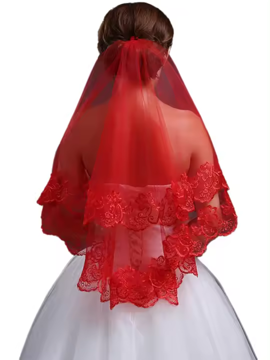 Tocado de velo de encaje largo simple para boda nupcial rojo clásico para mujer - 1