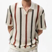 Suéter de punto de manga corta para hombre, camiseta de negocios ajustada con contraste de Color a rayas huecas - details 2