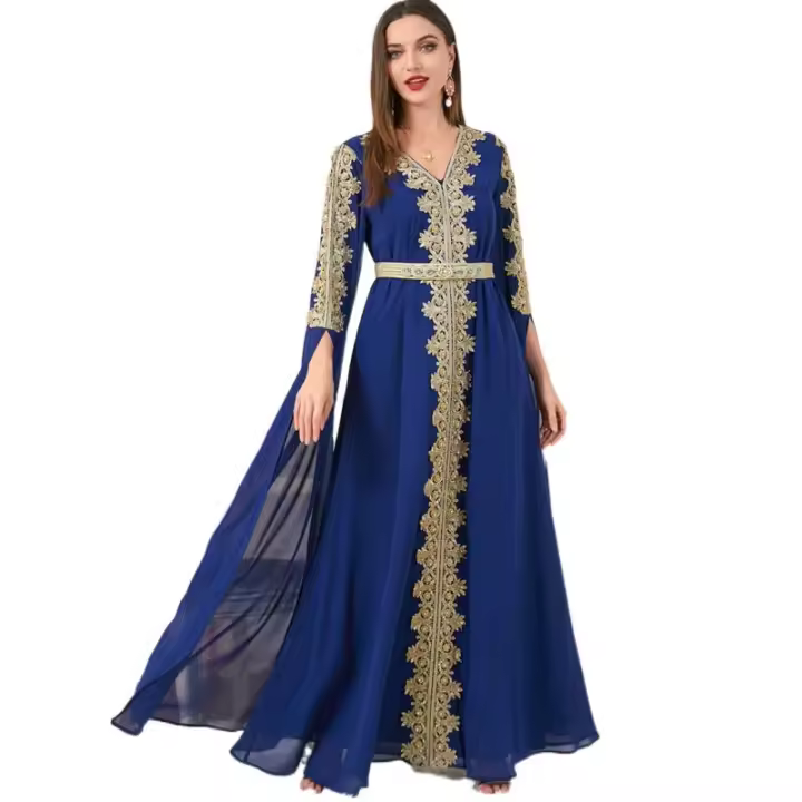 Vestido Abaya de Manga Súper Larga con Bordado para Mujeres de Dubái, Talla Grande - 1