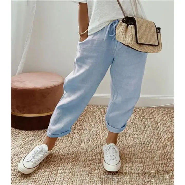 Pantalones elásticos casuales para mujer con bolsillos de lino y algodón - 1