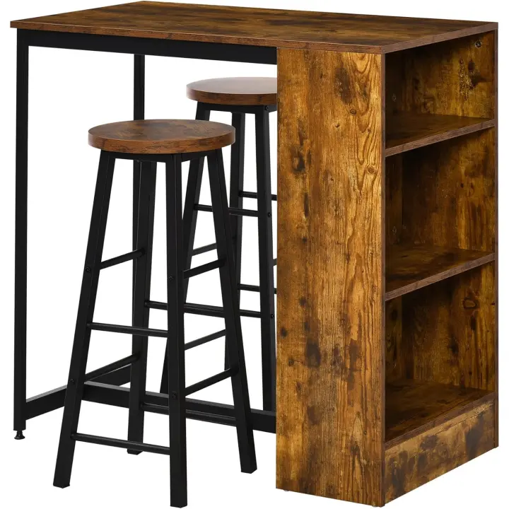 Juego de 3 Piezas Mesa Alta con 2 Taburetes Estilo Industrial con Estantes Laterales, Mesa de Bar de Madera, Negro y Marrón Rústico - 1