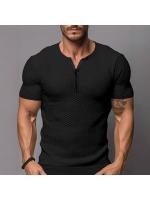 Camiseta deportiva ajustada de manga corta para hombre, estilo fitness waffle, color sólido americano. - details 3