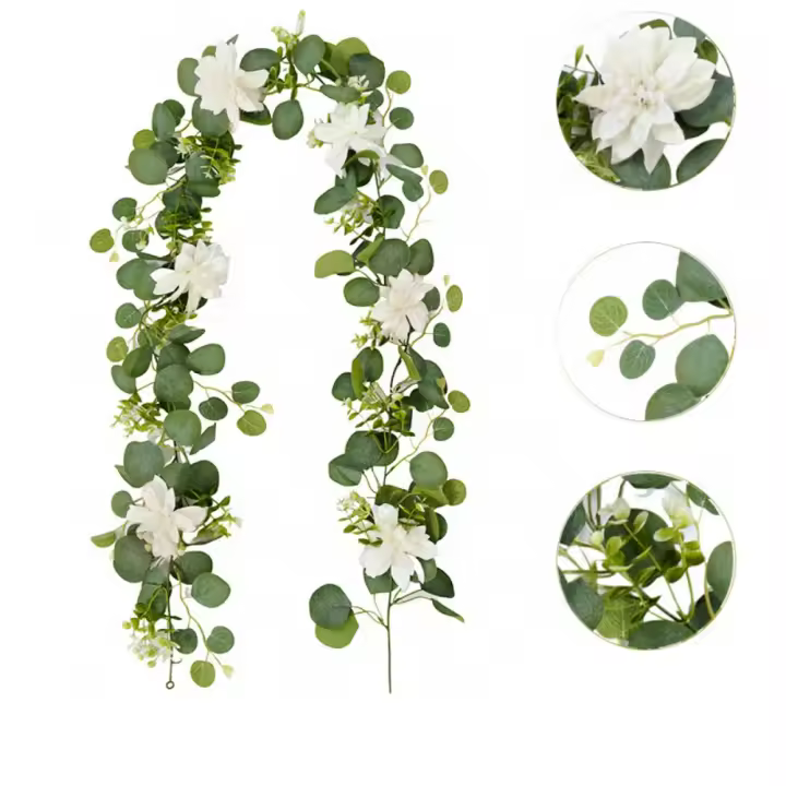 Flor de Dalia Artificial Multicolor, adorno de seda de vid, hojas de eucalipto realistas, accesorios de Gypsophila DIY - 1