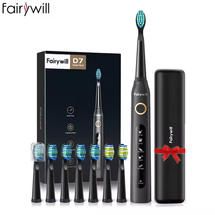 Cepillo de Dientes Eléctrico Sonido Fairywill FW-507 5 Modos Cargador USB Reemplazo Tiempo 8 Cabezas de Cepillo Resistente al Agua para Adultos - 1