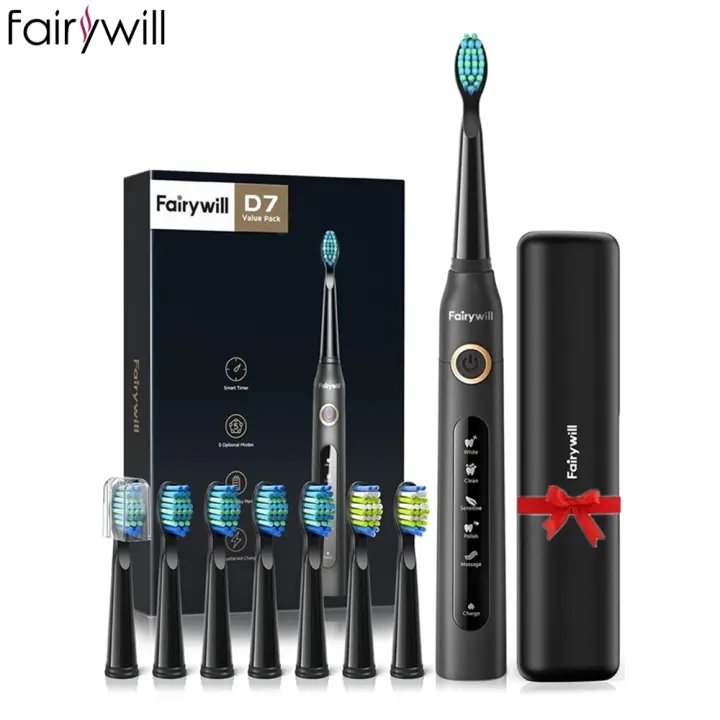 Cepillo de Dientes Eléctrico Sonido Fairywill FW-507 5 Modos Cargador USB Reemplazo Tiempo 8 Cabezas de Cepillo Resistente al Agua para Adultos - 1