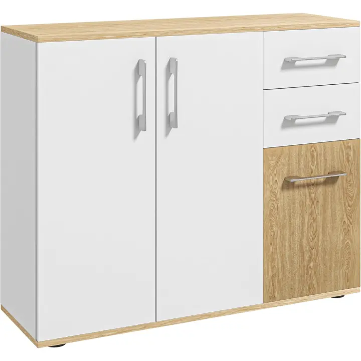 Moderno Estantería de Sala Cocina con 2 Cajones y 2 Armarios Ajustables Blanco y Natural - 1