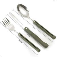 Juego de cubiertos plegables, bolsa verde militar, cuchillo tenedor, bolsa de supervivencia para acampar, cubiertos para exteriores, villa portátil de acero inoxidable - details 5