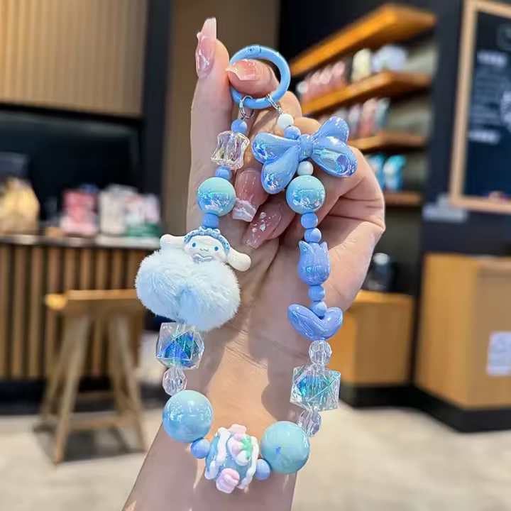 Sanrio Hello Kitty Melody Hairball teléfono cadena cámara colgante Kuromi dibujado a mano con cuentas Kawaii pulsera llavero - 1
