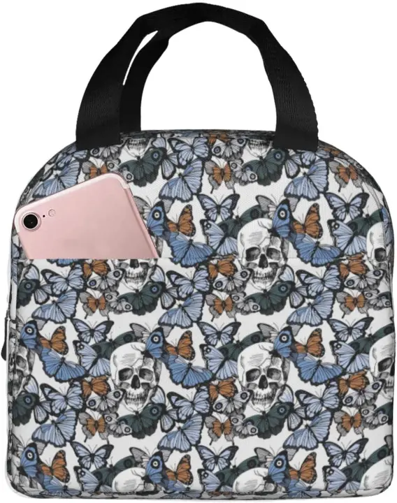Bolsa de Almuerzo Aislada de Calaveras de Mariposas Portátil, Reutilizable, Impermeable, Sin Fugas para Mujeres, Hombres, Trabajo de Oficina, Viajes, Picnics, Senderismo - 1