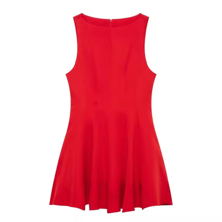 Vestido corto rojo de verano 2025 para mujer, con cuello redondo, sin mangas, línea A, mini, femenino, tipo camiseta sin mangas. - 1