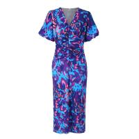 2025 Vestido de verano para mujer, azul, estampado, cuello en V, cintura sin tirantes, manga corta - details 4