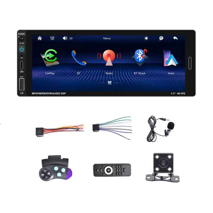 Radio Estéreo con pantalla táctil HD para coche, Radio de 6,9 pulgadas, un solo Din, Carplay, Android, Bluetooth, Mirror Link, FM, EQ, SWC - 1