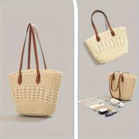 Bolso de Paja Hueco a Moda Casual Bolso de Playa para Mujeres de Gran Capacidad con Cinturón de Trenza Ideal para Compras Diarias y Viajes - details 3