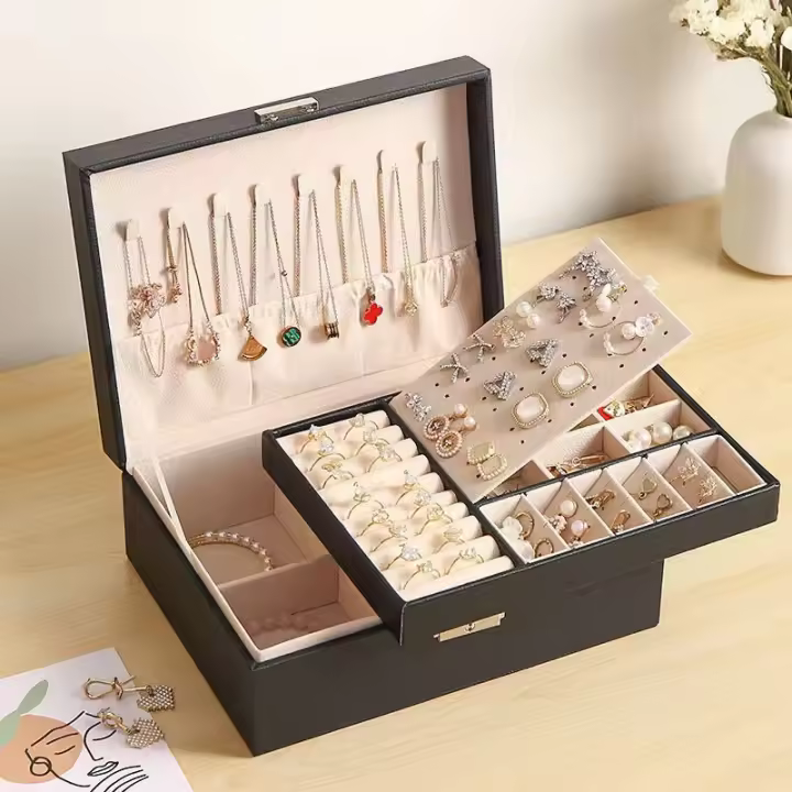 Organizador de Joyería de Dos Capas Caja de Almacenamiento de Joyas con Cerradura para Collares, Pendientes, Andiillos Regalo Ideal para Mujeres y Niños - 1