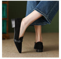 Zapatos individuales mate con punta en punta para mujer, tacones bajos que combinan con todo, color marrón, estilo retro - details 8