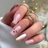 Uñas postizas reutilizables con estampado de alce de Navidad, uñas falsas rosas, decoración DIY, dulce y encantador - details 4